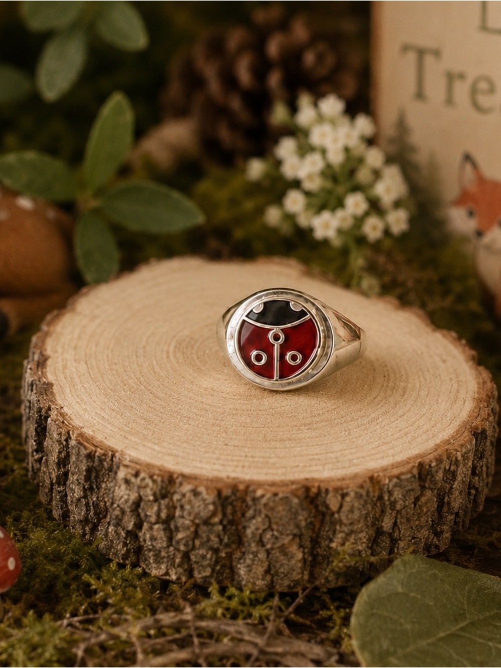 Whimsical Woodland Ladybug Signet Ring- Silver plated. Size 6.